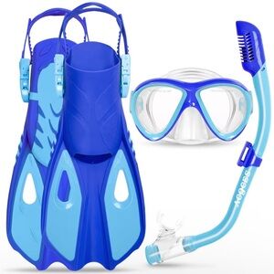 4 in 1 Mask Fins Snorkel Set with HD Tempered Glass Panoramic View Anti-Fog Mask